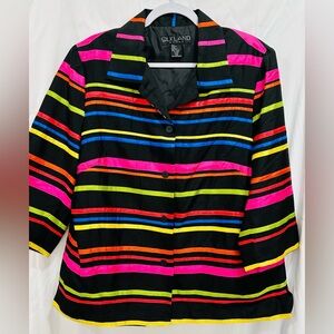 Silkland Jacket 14W 100% Silk Black  Multicolor Stripe 3/4 Sleeve Buttons Lined‎